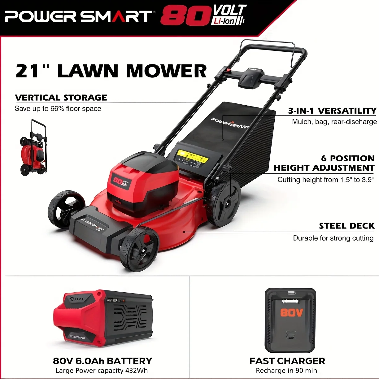 PowerSmart 80V 21" Cordless Lawn Mower with 6.0Ah Battery and Fast Charger Brushless Battery Push Lawn Mower - Image 4