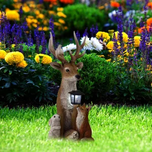Deer Statue with Solar Light, Hand Painted Animals, Resin Ornament, Outdoor Garden, Courtyard, Street Lighting Decoration