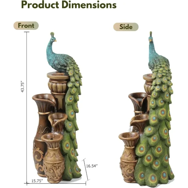 LuxenHome Outdoor Water Fountain, 44 Inch Resin Peacock Water Fountain Outdoor with Urns and LED Light, Tall Fountains Outdoor f - Image 2