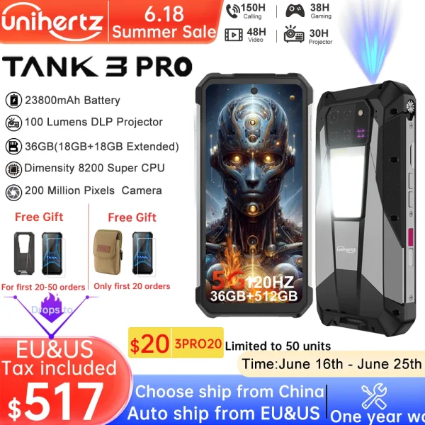 Unihertz Tank 3 Pro 8849 Smartphone with 100 Lumens 120Hz Projector 32GB+512GB 5G Phone 23800mAh 120W Fast Charger 200MP Camera - Image 2