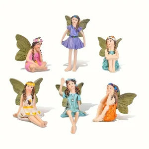 6 Pieces Miniature Fairies Accessories Mini Figurines with Stick Little Girl Sculpture Yard Ornaments Potted Plants Resin Decor