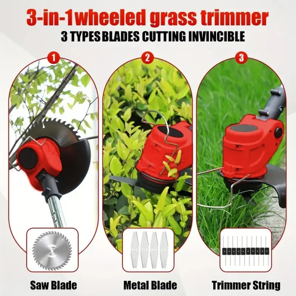 Cordless Lawn Trimmer Weed Wacker Lawn Mower Grass Edger with 2 Li-Ion Batteries Powered & 3 Cutting Blade Types - Image 2