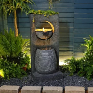 Outdoor Water Fountain with LED Lights,Modern Indoor Freestanding Curved Surface Artistry Design Waterfall Fountains for Garden,