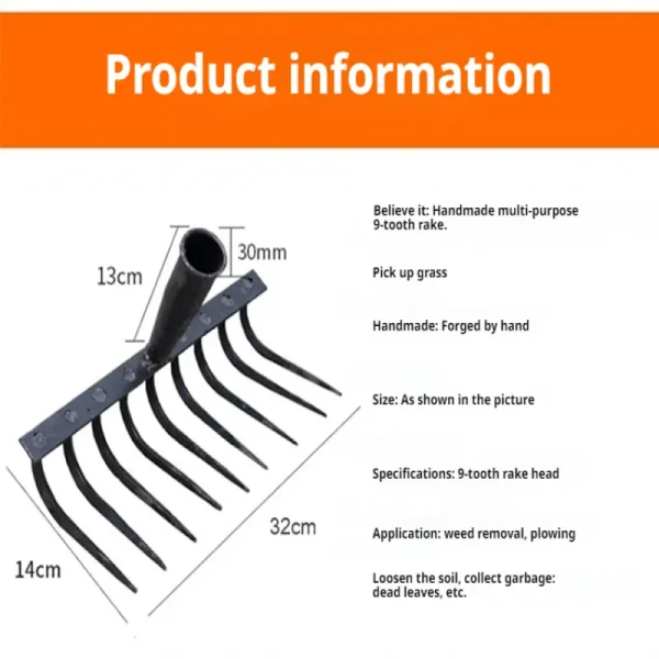 Multifunctiona steel rake Manganese Steel Durable Laborsaving Agricultural Nine-tooth Nail Rake for raking grass, loosening soil - Image 6
