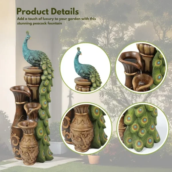 LuxenHome Outdoor Water Fountain, 44 Inch Resin Peacock Water Fountain Outdoor with Urns and LED Light, Tall Fountains Outdoor f - Image 3