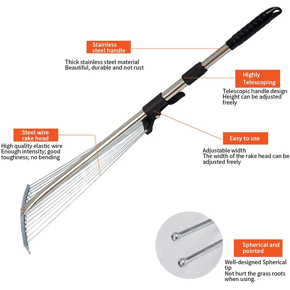 ZK10 Adjustable Garden Leaf Rake Telescopic Hoe Grass Tool Multi Toothed Metal Rake for Deciduous Hay Grass of Lawn and Yard - Image 3