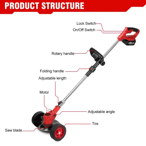 ONEVAN 7 Inch Electric Foldable Lawn Mower Cordless Grass Trimmer Adjustable Telescopic Garden Cutter For 21V 18V Battery - Image 5