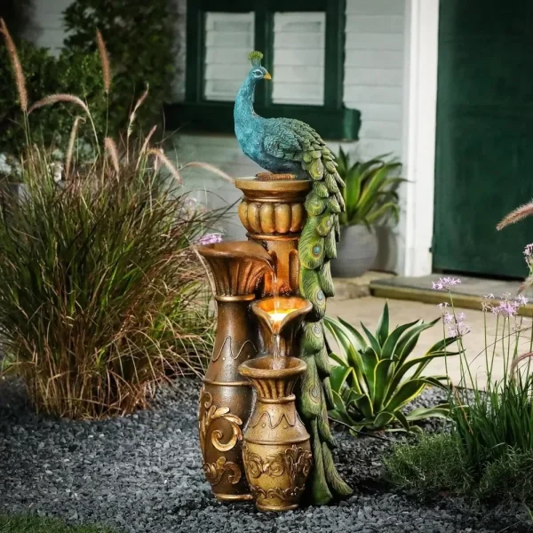 LuxenHome Outdoor Water Fountain, 44 Inch Resin Peacock Water Fountain Outdoor with Urns and LED Light, Tall Fountains Outdoor f - Image 4
