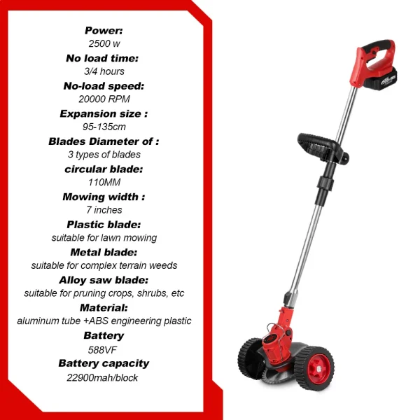 ONEVAN 7 Inch Electric Foldable Lawn Mower Cordless Grass Trimmer Adjustable Telescopic Garden Cutter For 21V 18V Battery - Image 6