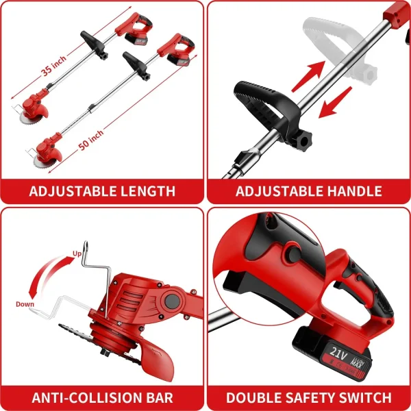 Cordless Lawn Trimmer Weed Wacker Lawn Mower Grass Edger with 2 Li-Ion Batteries Powered & 3 Cutting Blade Types - Image 4