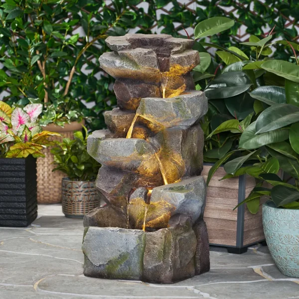 Large Waterproof 4 Tier Outdoor Water Fountain With LED Lights Garden Supplies For Patio Yard Relaxing Waterfall Decor Polyresin - Image 6