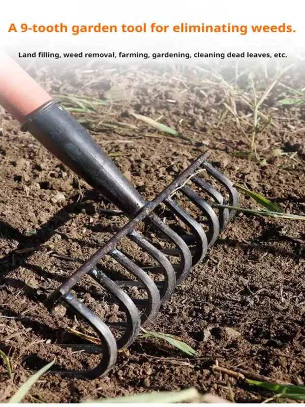 Multifunctiona steel rake Manganese Steel Durable Laborsaving Agricultural Nine-tooth Nail Rake for raking grass, loosening soil - Image 3