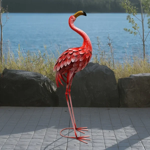 Rustic Metal Flamingo Garden Decor, Large Bird Statue For Lawn, Backyard, Porch, Ornament, Single Outdoor Sculpture - Image 2