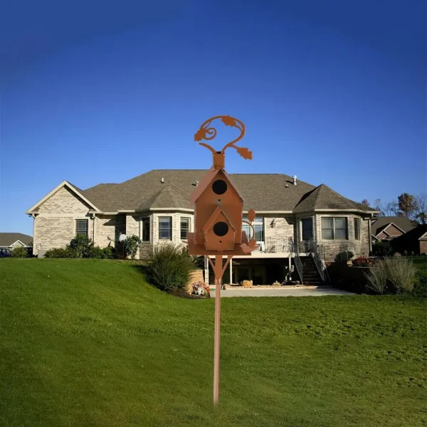 Metal Birdhouse Art Stake Outdoor Rustic Bird House Stand Garden Yard Decor - Image 2