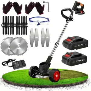 Cordless Lawn Trimmer Weed Wacker Lawn Mower Grass Edger with 2 Li-Ion Batteries Powered & 3 Cutting Blade Types