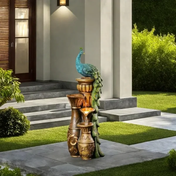LuxenHome Outdoor Water Fountain, 44 Inch Resin Peacock Water Fountain Outdoor with Urns and LED Light, Tall Fountains Outdoor f - Image 5