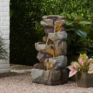Large Waterproof 4 Tier Outdoor Water Fountain With LED Lights Garden Supplies For Patio Yard Relaxing Waterfall Decor Polyresin