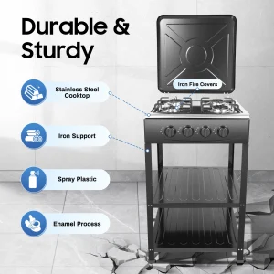 4 Burner Gas Stove Portable Outdoor Stove w/ Wind Blocking Cover , LPG Gas Stove with 2 Storage Shelves for RV, Outdoor Cooking