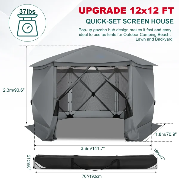 Pop up Gazebo Screen Tent Screen House for Camping,12x12FT Screen Room with Removable Roof,Outdoor Screened Gazebo  Hub Tent - Image 5