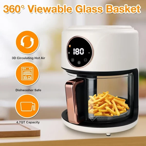 360° Viewable Glass Air Fryer 4.7Qt 1200W Digital Display 6-in-1 Cooking Functions Adjustable Temp Dishwasher Safe Perfect Meals - Image 3
