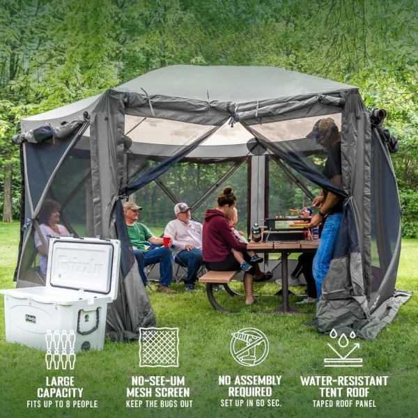 Pop Up Screen Tent, Outdoor Camping Gazebo Canopy, Pavilion, 12.5', Gray - Heavy-Duty Portable Screened Shelter with Netting - Image 2