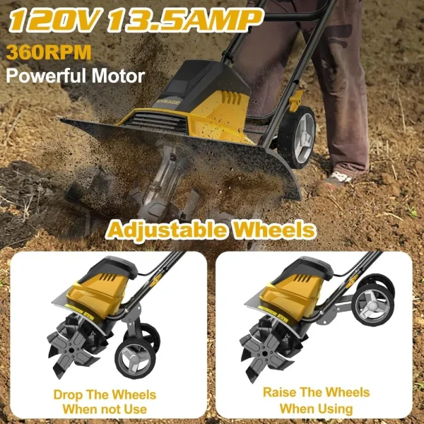 18-Inch 13.5AMP Rototiller for Garden Corded Electric Tiller Machine 4'' - 8'' Farm Tilling Depth, Foldable Handle 6x4 Tines - Image 4