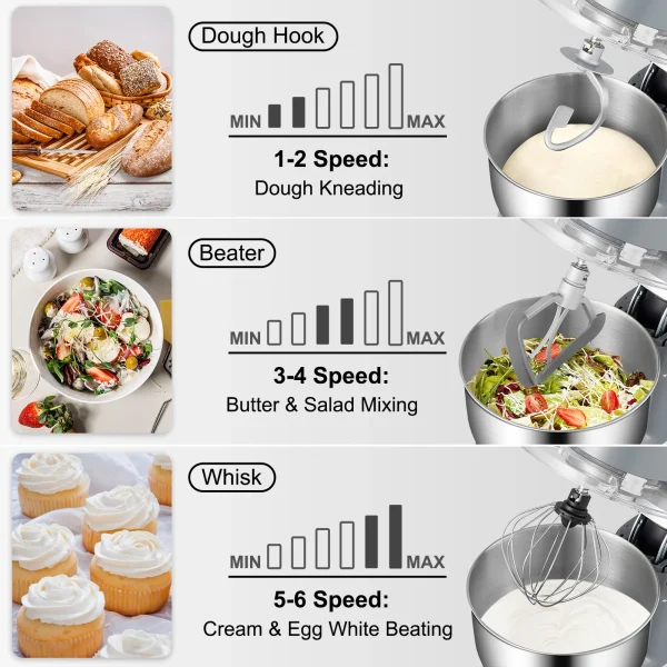 VEVOR Stand Mixer 660W Electric Dough Mixer with 6 Speeds LCD Screen Timing 5.8 Qt Stainless Steel Bowl Dough Hook Flat Beater - Image 3