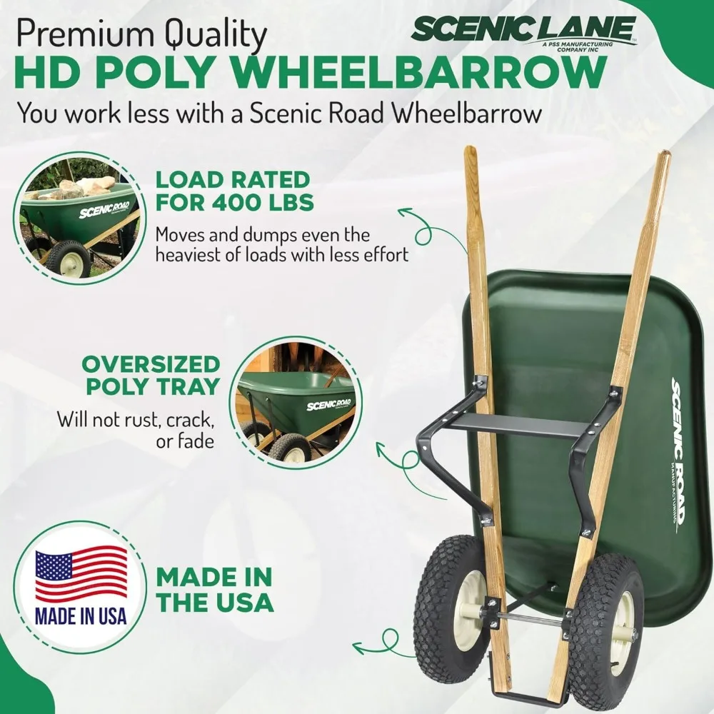 Scenic Lane Single-Wheel 6 Cu Ft Wheelbarrow with 16" 4-Ply Knobby Tire, High Density Polyethylene Tray, Steel Frame, for Garden - Image 2