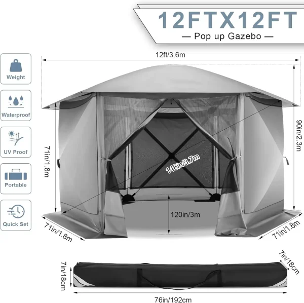 Pop Up Gazebo Screen Tent Screen House for Camping, 12x12 Screen Room with Mosquito Netting, Hub Tent Instant Screened - Image 3