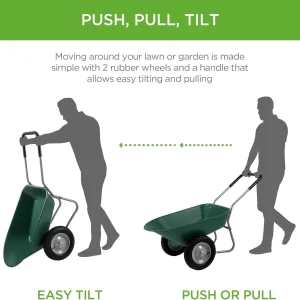 Dual-Wheel Home Utility Yard Wheelbarrow Garden Cart w/Built-in Stand for Lawn, Gardening, Construction - Green