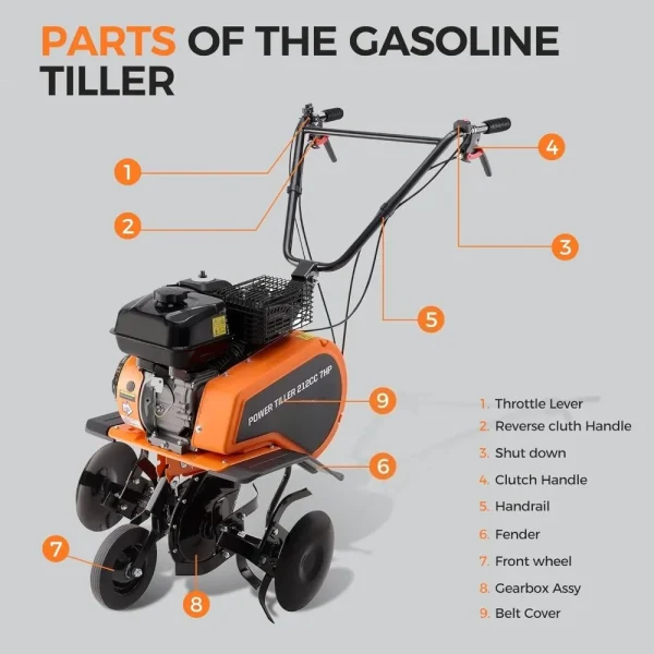 7HP 212CC 4-Stroke Gas Tiller Cultivator, Forward and Reverse Double-Clutch Rototiller, Gear Drive System Efficiently Transmits - Image 6