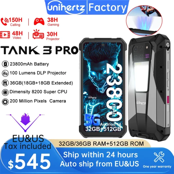 Unihertz Tank 3 Pro 8849 Projector Smartphone Android 14 5G Phone, 32GB 512GB, 200MP Camera, Dimensity 8200, IP68, Bluetooth 5.3 - Image 2