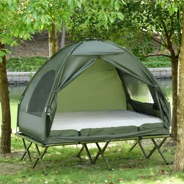 Outsunny 2 Person Foldable Camping Cot with Tent, Bedspread and Thick Air Mattress, 4-in-1 Elevated Camping Bed Tent - Image 2