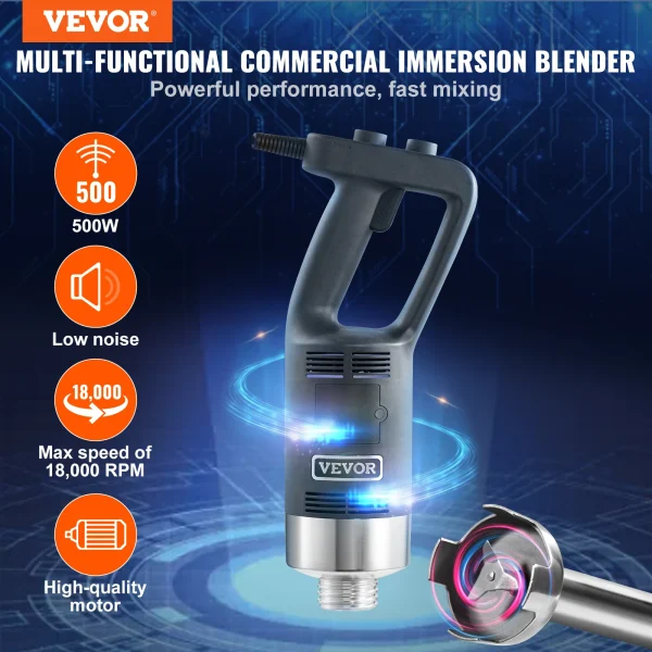 VEVOR Commercial Immersion Blender 500 Watt Heavy Duty Hand Mixer Variable Speed Kitchen Stick Mixer with 304 Stainless Steel - Image 2