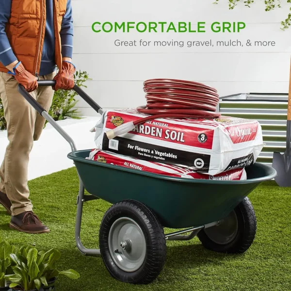 Dual-Wheel Home Utility Yard Wheelbarrow Garden Cart w/Built-in Stand for Lawn, Gardening, Construction - Green - Image 6