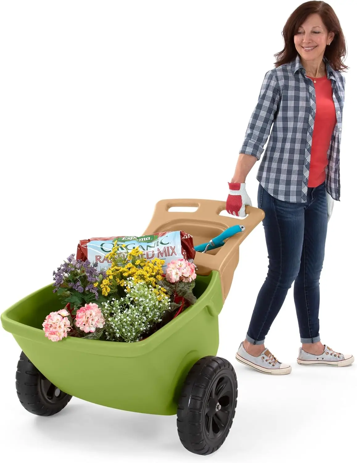 Wheelbarrow with Garden Tool Storage Tray, Durable Heavy-Duty Plastic Wheelbarrow with Large Easy Turn Wheels