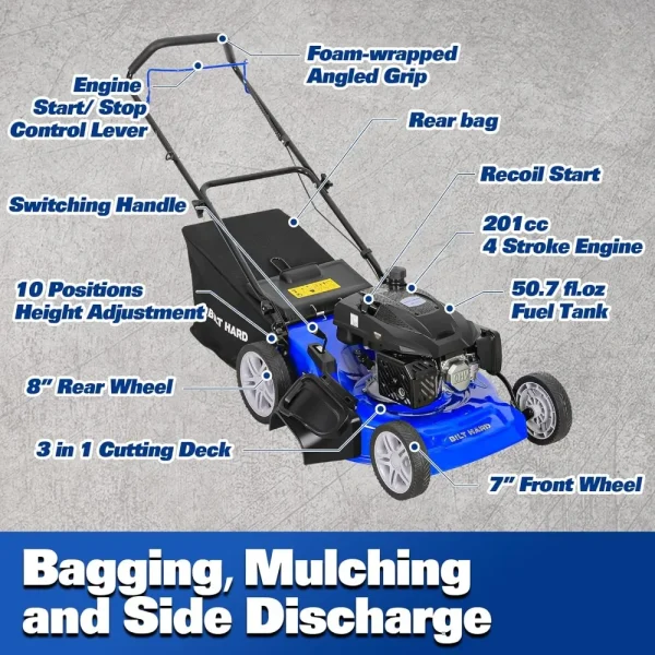 201cc Gas Lawn Mower 21" 3-in-1 – 4-Cycle Engine Bagging Mulching Side Discharge | Adjustable Height Push Mower - Image 2