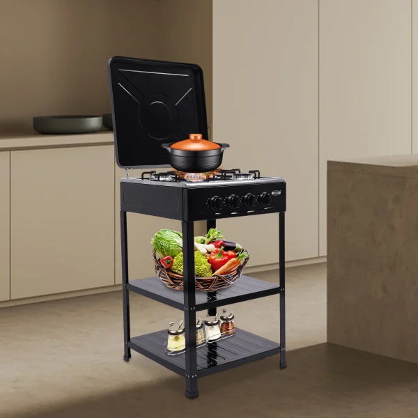 4 Burner Gas Stove Portable Outdoor Stove w/ Wind Blocking Cover , LPG Gas Stove with 2 Storage Shelves for RV, Outdoor Cooking - Image 6