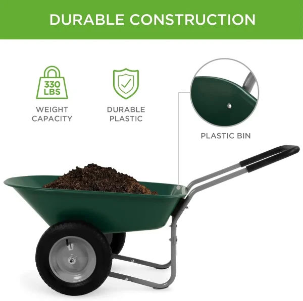 Dual-Wheel Home Utility Yard Wheelbarrow Garden Cart w/Built-in Stand for Lawn, Gardening, Construction - Green - Image 4