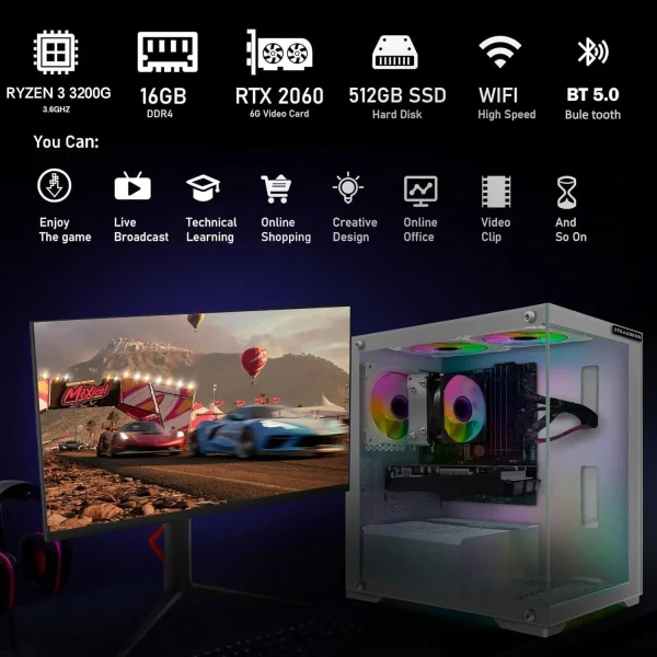 Gaming PC Computer Desktop, AMD Ryzen 3 3200G 3.6G, GeForce RTX 2060 6G, 16G DDR4, 512G SSD, 600M WiFi - Image 3
