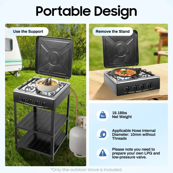 4 Burner Gas Stove Portable Outdoor Stove w/ Wind Blocking Cover , LPG Gas Stove with 2 Storage Shelves for RV, Outdoor Cooking - Image 5