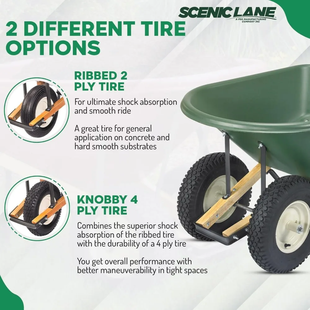 Scenic Lane Single-Wheel 6 Cu Ft Wheelbarrow with 16" 4-Ply Knobby Tire, High Density Polyethylene Tray, Steel Frame, for Garden - Image 4