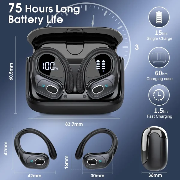 Wireless Earbuds Bluetooth 5.4, 75H Playtime Hi-Fi Stereo Deep Bass, ENC Mic IPX7 Waterproof Earhooks Sport Earphones. - Image 5