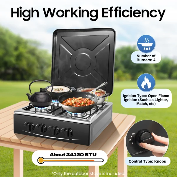 4 Burner Gas Stove Portable Outdoor Stove w/ Wind Blocking Cover , LPG Gas Stove with 2 Storage Shelves for RV, Outdoor Cooking - Image 3