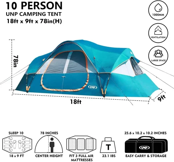 UNP Camping Tent 10-Person-Family Tents, Parties, Music Festival Tent, Big, Easy Up, 5 Large Mesh Windows, Double Layer, 2 Room, - Image 5