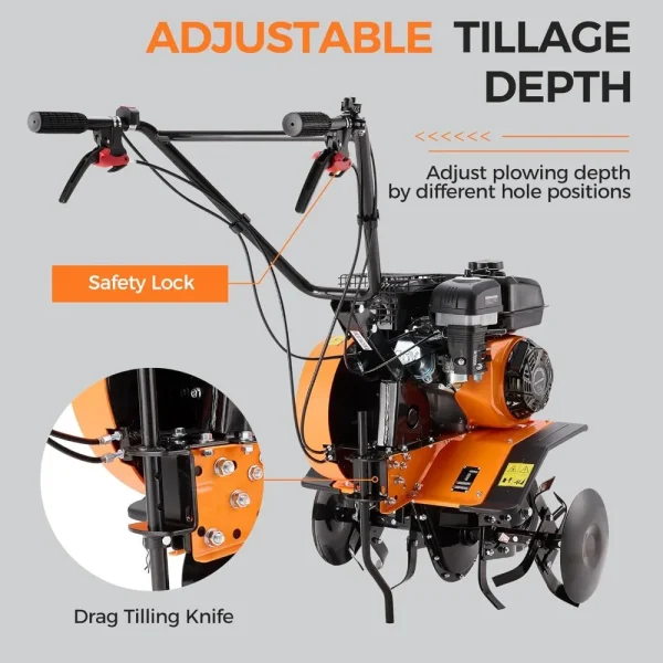 7HP 212CC 4-Stroke Gas Tiller Cultivator, Forward and Reverse Double-Clutch Rototiller, Gear Drive System Efficiently Transmits - Image 4