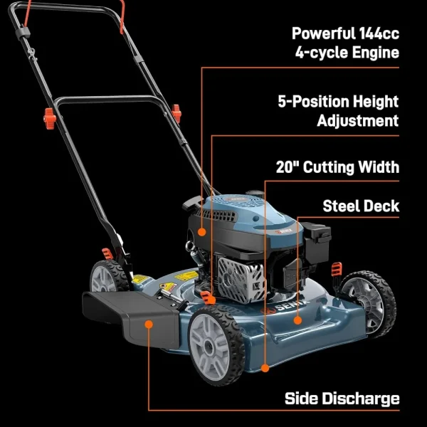 144 cc Gas Lawn Mower, 20 inch 4-Cycle Push Mower, Side Discharge, 5 Position Cutting Height Adjustment, Low Noise & Fuel-Effic - Image 5