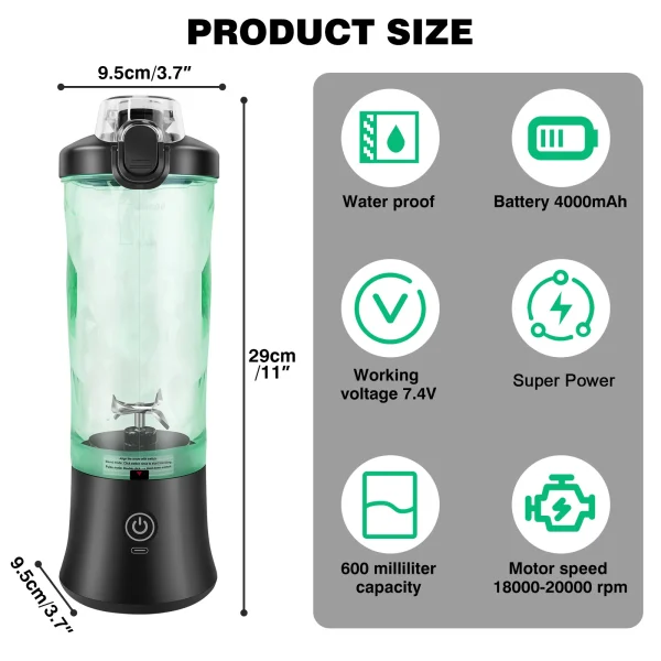 Professional 2 In 1 Portable Blender 600ML Electric Juicer Fruit Mixers USB Rechargeable Smoothie Mini Blender Personal Juicer - Image 5