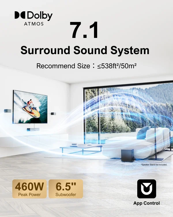 ULTIMEA 7.1 Surround Sound System Sound bar for TV with Dolby Atmos&APP Control, Home Cinema Bluetooth Speaker with Subwoofer - Image 2
