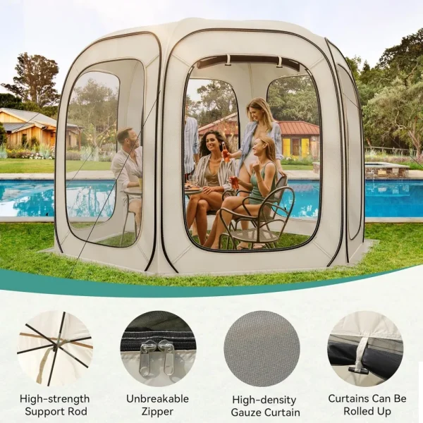 10x10ft Screen House Tent, Camping Screen Room Gazebo with Storage Bag, Instant Screen Tent with Nails, Ropes, Nets & 6 Mesh Zi - Image 6